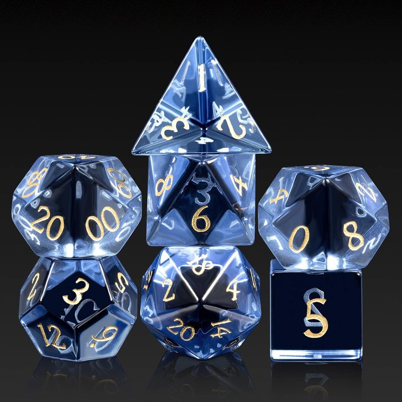 DNDND Glass DND Dice Set 7 Piece Zircon Dice with Great Gift Box for D&D Dungeons and Dragon Tabletop Game (Blue Glass with Gold Num) - Image 1